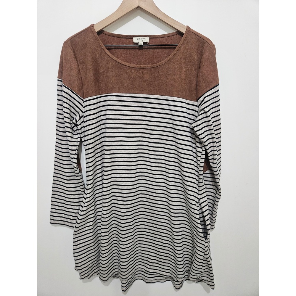 Umgee Womens Striped Long Sleeve Tunic Top Brown Faux Suede Elbow Patches L